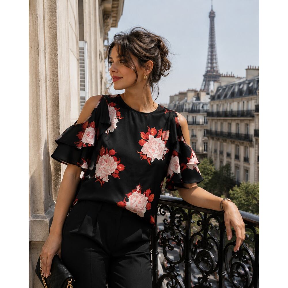 GANNI Cold Shoulder Floral Satin Blouse Ruffle Sleeve Black Red Size 38 Small